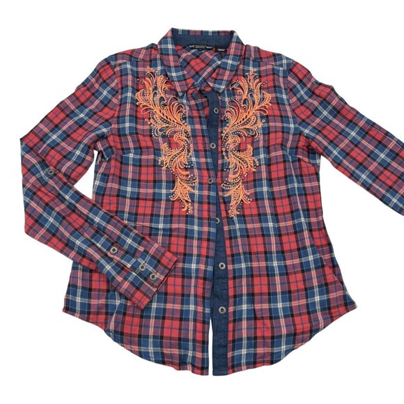 Miss Me Plaid Button-Up Shirt With Embroidered Front Detail 100% Cotton Red/Blue - Picture 1 of 4